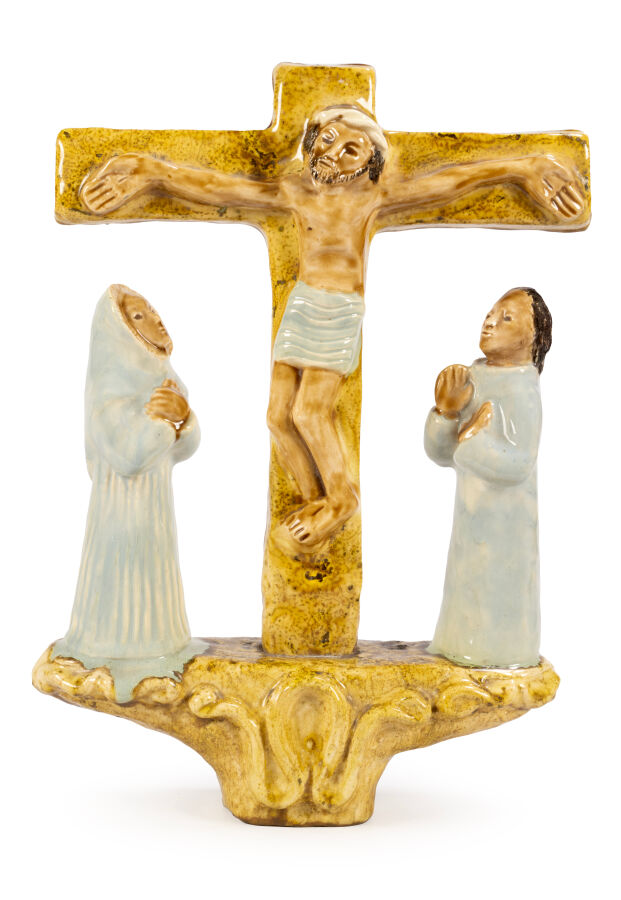 SUJET en faïence polychrome représentant le Christ, la Vierge Marie…