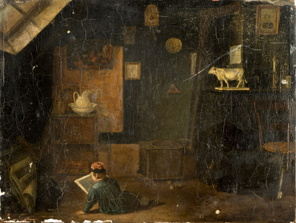 ÉCOLE DU XIXe SIÈCLE : « Scène d&rsquo;intérieure hollandaise »,…