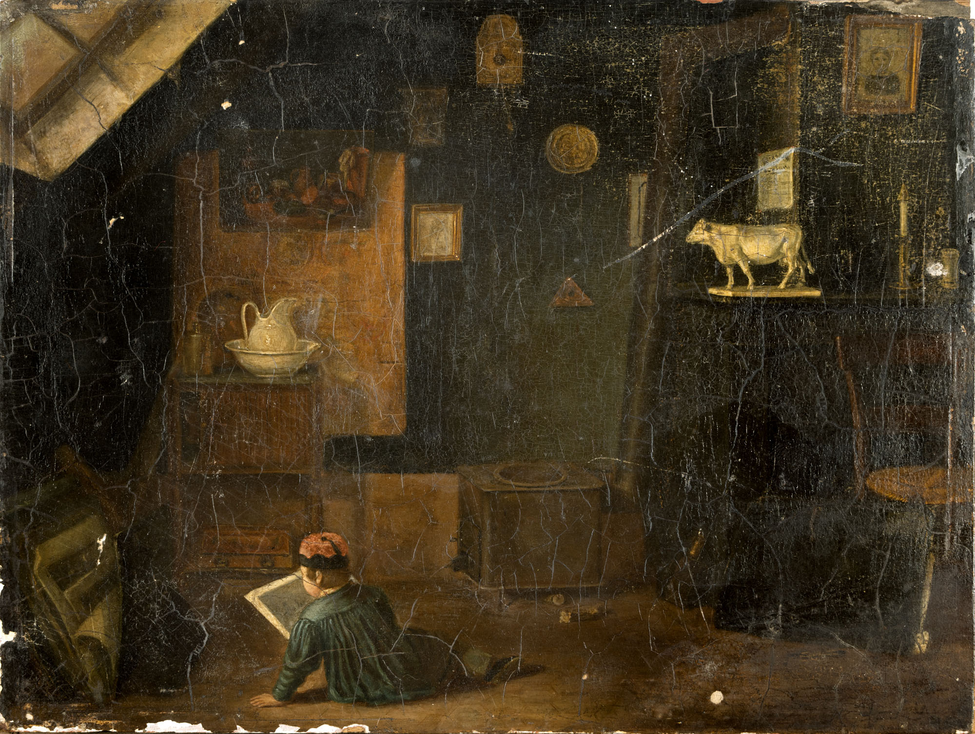 ÉCOLE DU XIXe SIÈCLE : « Scène d’intérieure hollandaise »,…