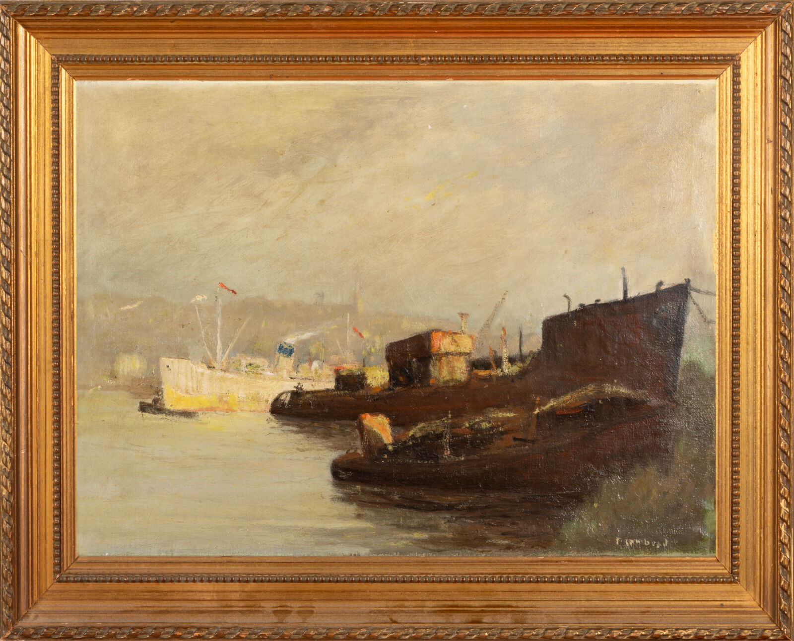 ÉCOLE VERS 1900 : « Bateaux dans le port »,…