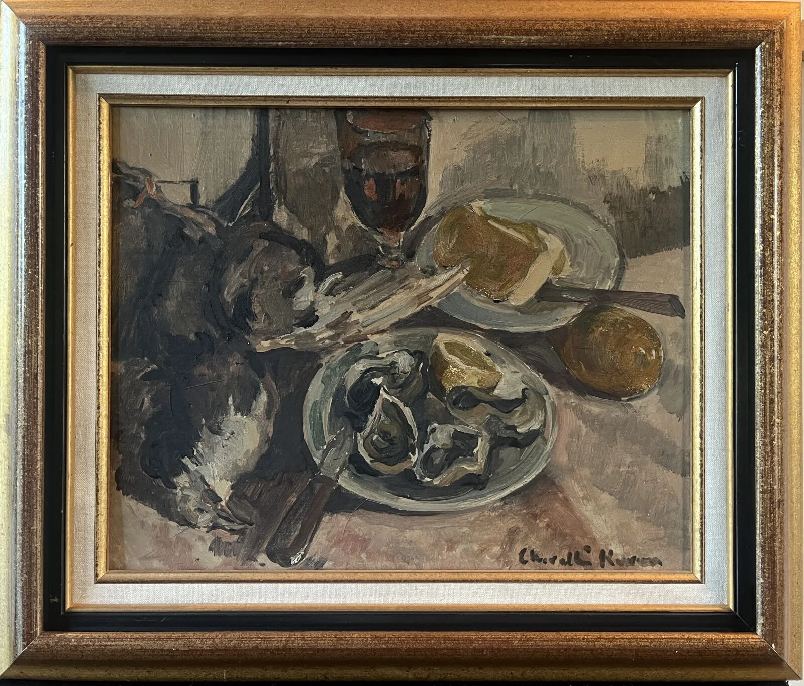 CHEVALLIER-KERVEN Marie-Renée (1902-1987) : « Nature-morte aux huitres », huile…