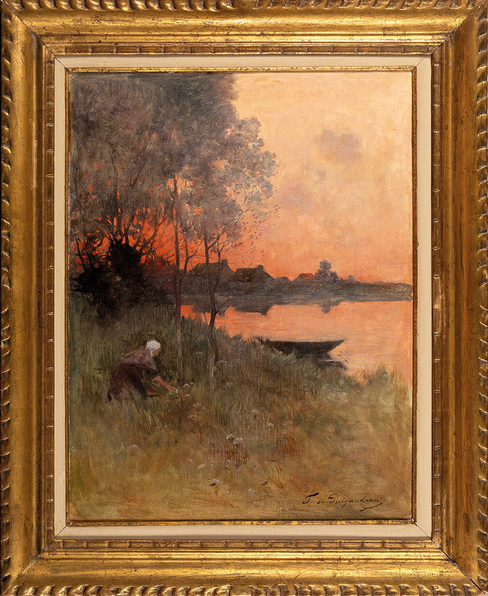 Femme cueillant des fleurs au couchant en Brière