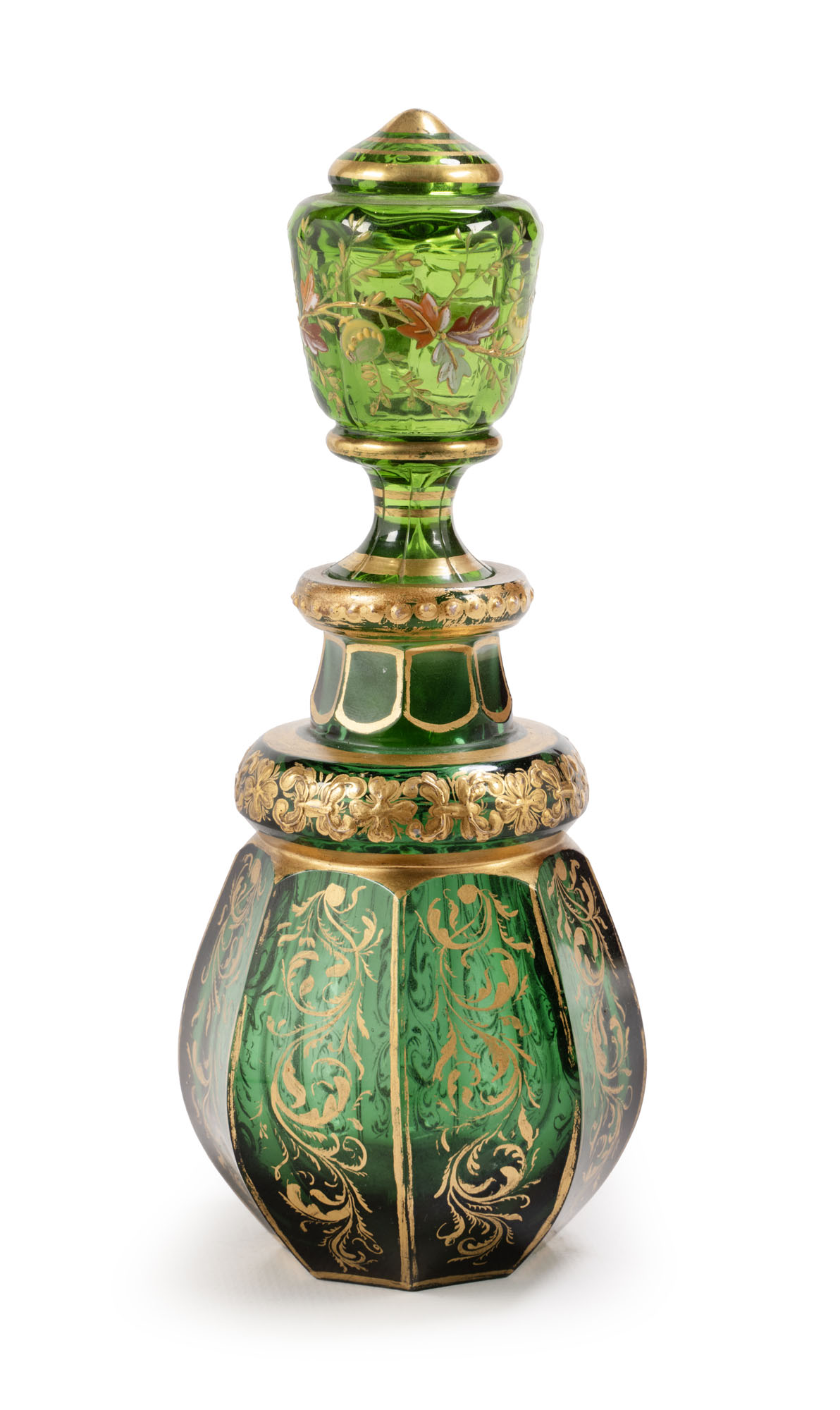 FLACON À PARFUM octogonal en cristal teinté à décor émaillé…