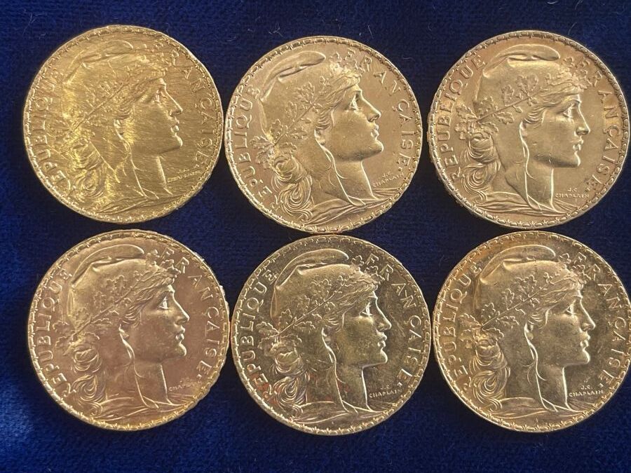 6 PIÈCES de 20 Francs or type Coq, années entres…