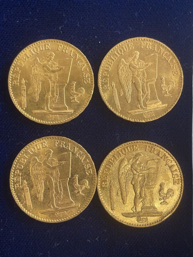 4 PIÈCES de 20 Francs or type Génie, années 1875…