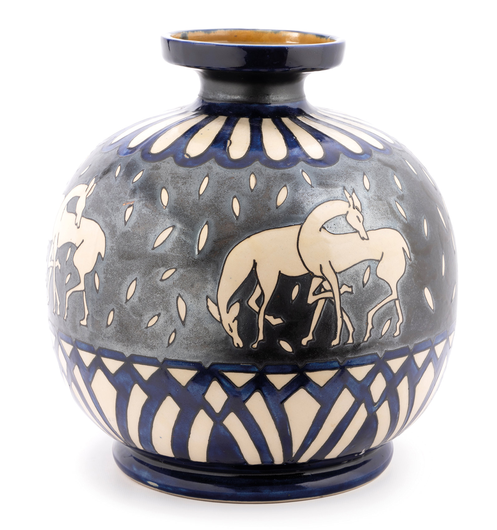 VASE boule en grès émaillé à décor de biches