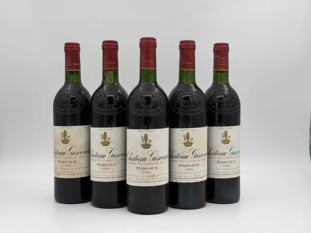 5 BOUTEILLES de Château Giscours 1986, Margaux. Niveaux BG. Étiquettes…