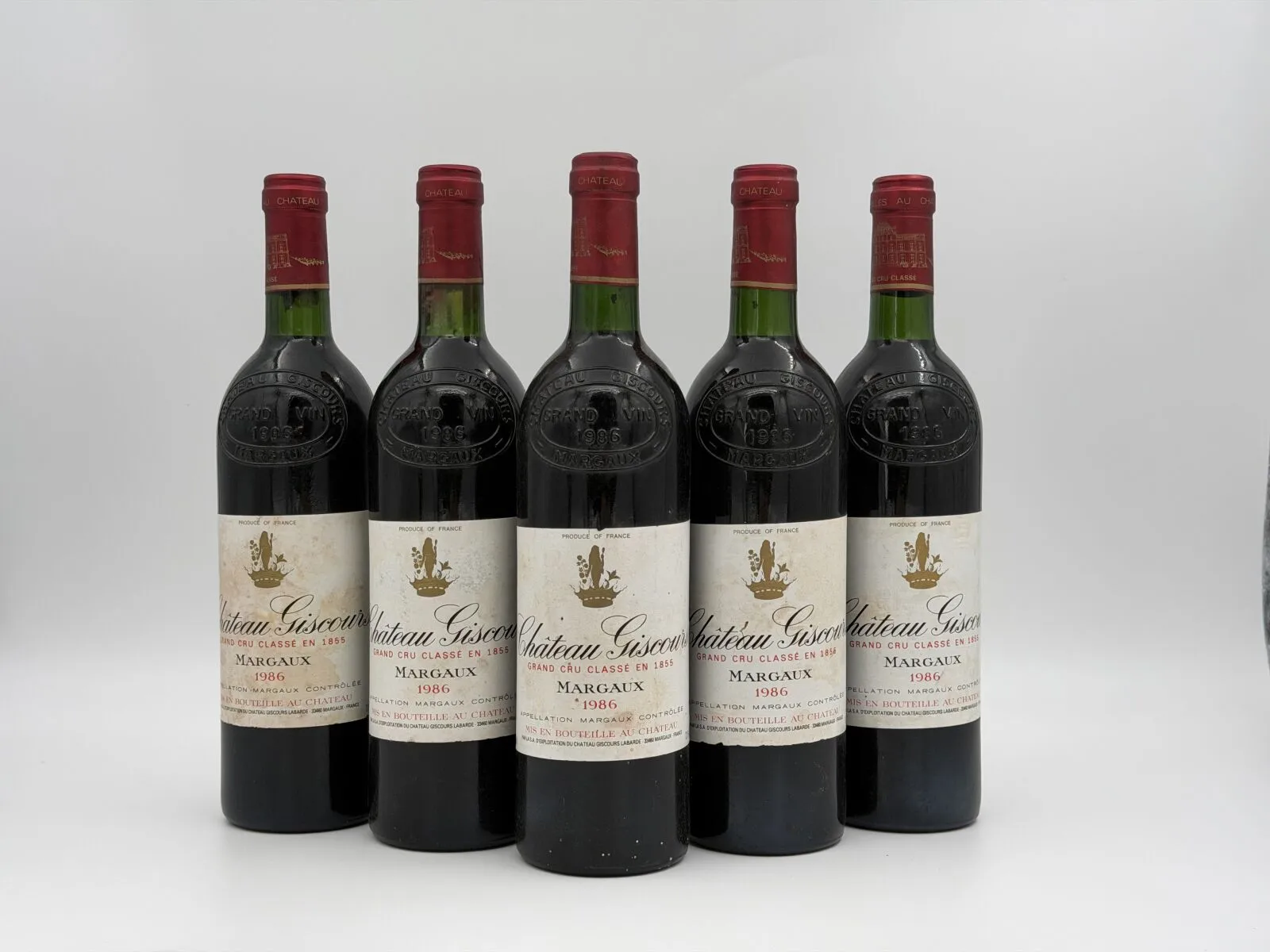 5 BOUTEILLES de Château Giscours 1986, Margaux. Niveaux BG. Étiquettes…