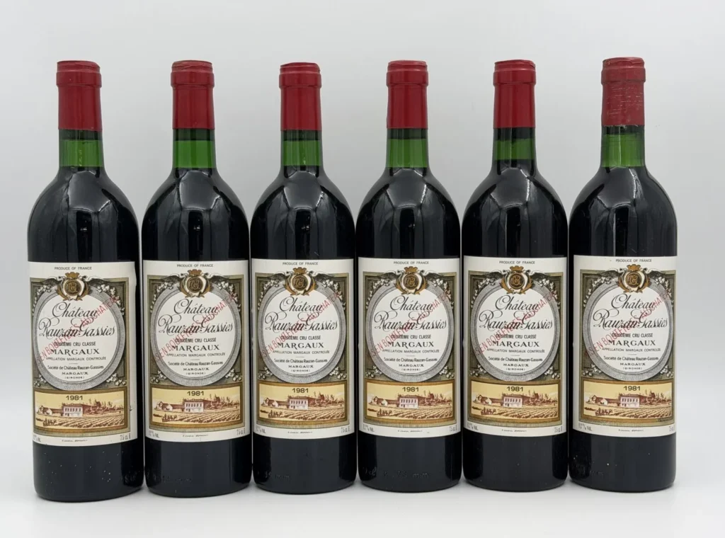 6 BOUTEILLES de Château Rauzan-Gassies 1981, Margaux. Niveaux : 5…