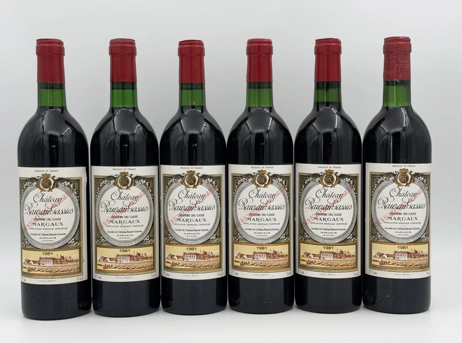 6 BOUTEILLES de Château Rauzan-Gassies 1981, Margaux. Niveaux : 5…
