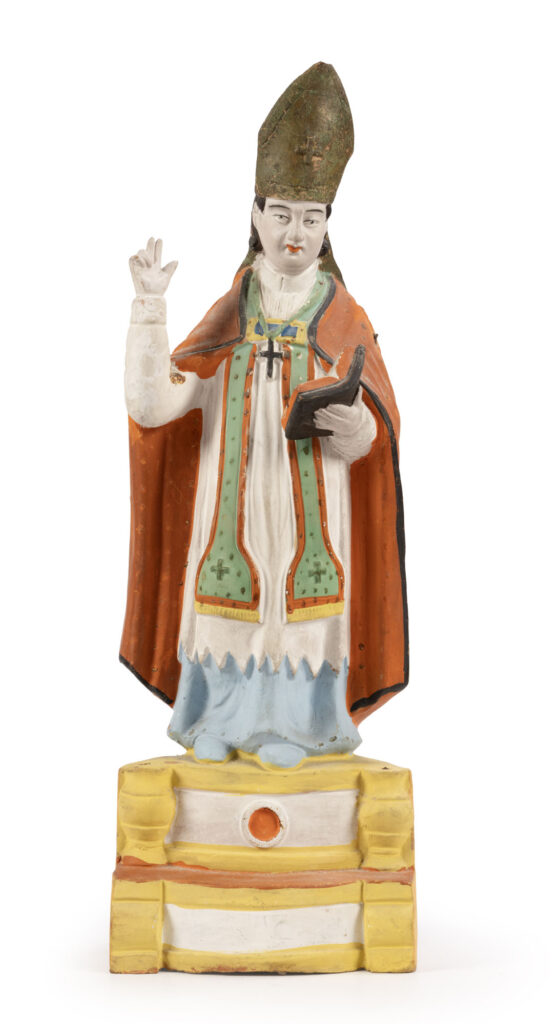 SANTIBELLI en terre cuite polychrome représentant un « SAINT EVÊQUE…